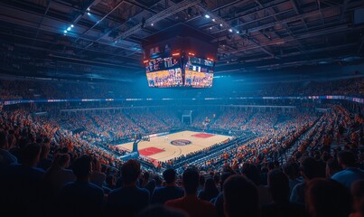 Sold Out Arena with Spectators Watching National Basketball Tournament Match. Teams Play, Diverse Crowds of Fans Cheer. Sports Channel Live Television