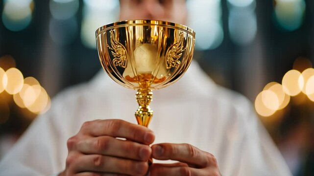 A Caucasian male priest holding a golden chalice during a church service, symbolizing communion and Easter
