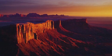 A dramatic sunset casts a warm glow over a vast canyon landscape, with layers of red rock formations creating a textured and rugged scene.