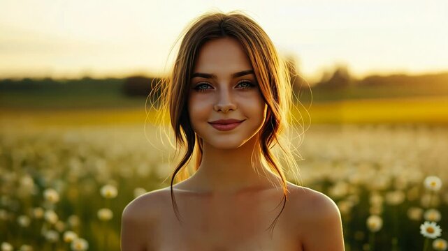 A smiling Caucasian woman in a field of daisies embodies summer serenity and natural beauty, perfect for celebrating Earth Day or midsummer festivals