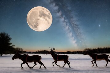 クリスマスイメージ：闇夜に走るトナカイ、シルエット