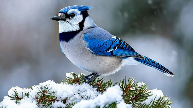 A vibrant blue jay perched on snowy pine branches, evoking winter and Christmas themes