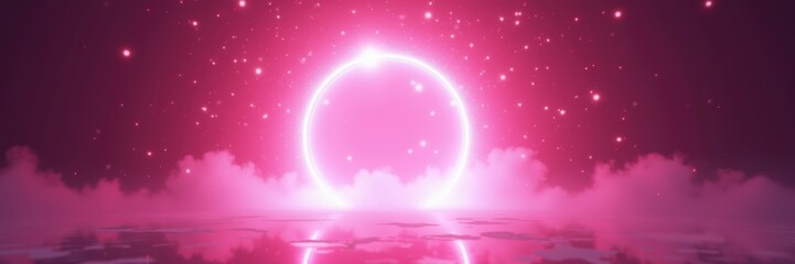 Fototapeta premium A mesmerizing digital landscape featuring a vibrant pink orb against a starry sky, with soft clouds reflecting on water, perfect for creative projects and futuristic themes.