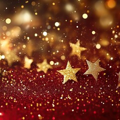 Glittering gold star bokeh on red background - Festive shimmering Christmas lights texture, perfect for holiday designs like greeting cards, party invitations, gift wrap, and seasonal advertising