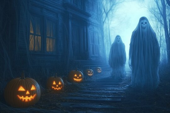 A haunted house adorned with glowing jack-o'-lanterns and ghostly apparitions on a foggy Halloween night