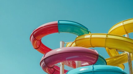 A set of colorful water slides in an outdoor aquapark, curving under a bright blue sky, representing excitement and summer fun