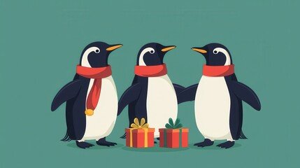 Obraz premium Merry Christmas, penguins with scarves and gifts, flat design illustration