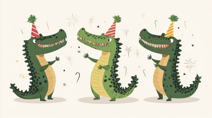 Obraz premium Happy New Year, crocodiles snapping with party hats, clear background, flat design illustration