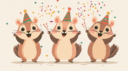 Obraz premium Happy New Year, chipmunks with tiny confetti cannons, clear background, flat design illustration