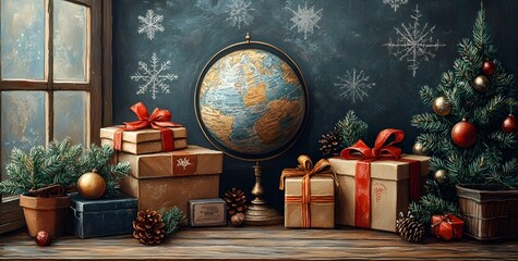 a globe and presents on a table


