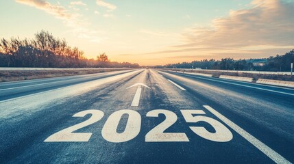 Empty highway with "2025" written on it and an arrow pointing towards the horizon, symbolizing positivity, progress, and the new year ahead