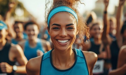 Smiling Group of People Participating in a City Marathon. Diverse Race Runners Reaching the Finish Line, Celebrating Their Victory and Achieving their