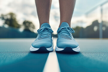 close-up of feet in blue sneakers on pickleball court