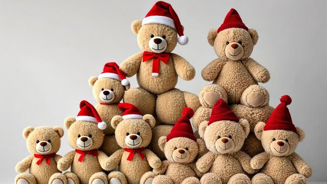 A festive group of teddy bears in Santa hats, perfect for Christmas and holiday celebrations