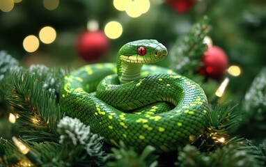 Fototapeta premium Christmass green snake on new year ballons background