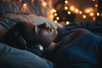 A guided relaxation session before bed, with a person listening to calming music or using a meditation app to combat overthinking and prepare for sleep