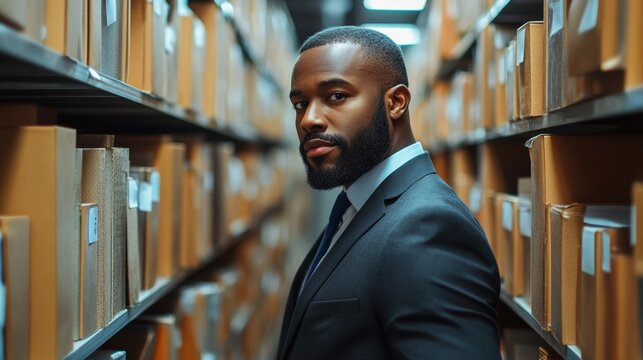 Black businessman and document management system. Ai illustration, Generative AI