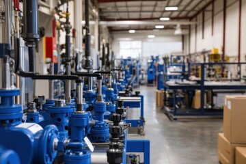 A high-tech industrial valve manufacturing facility, with custom-designed valves being engineered and tested for specific applications in oil, gas, and water industries