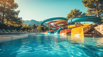 Outdoor aquapark with a mix of colorful water slides, winding and turning under the bright summer sun, pools below reflecting clear sky