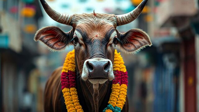 A cow adorned with colorful garlands stands in a festive street, symbolizing harvest celebrations and Pongal