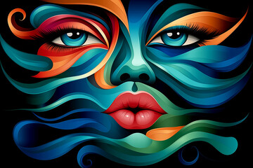 Fototapeta premium A colorful face with a red lip and blue eyes. The face is surrounded by water and has a wavy texture