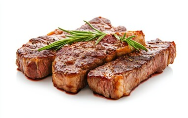 Cooked steaks isolated stock photo on white background