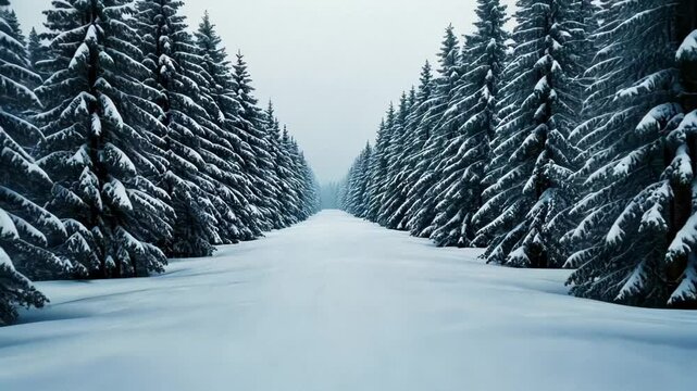 Snow-covered path lined with frosted pine trees, evoking winter nostalgia and Christmas serenity
