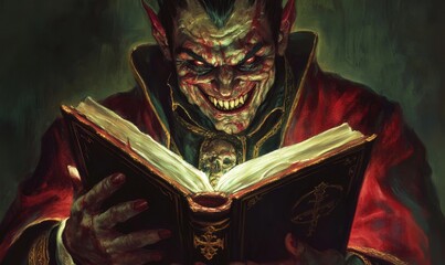 Evil vampire reads a book of dark magic.