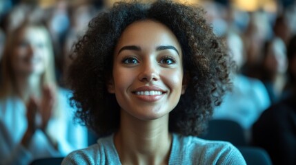 Young Female Sitting in a Crowded Audience at a Science Conference. Delegate Cheering and Applauding After an Inspirational Keynote Speech. Auditorium