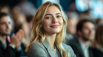 Young Female Sitting in a Crowded Audience at a Science Conference. Delegate Cheering and Applauding After an Inspirational Keynote Speech. Auditorium