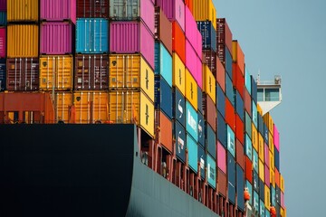 Fototapeta premium A large cargo ship at a busy container port, loaded with colorful shipping containers, with cranes actively moving freight containers from the dock to the ship, representing global container logistics