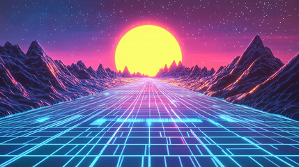 Retro Futuristic Sunset with Neon Grid and Mountain Silhouettes