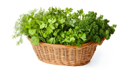 Fototapeta premium Realistic spread of mixed herbs (basil, parsley, cilantro) in a small wicker basket on a white background