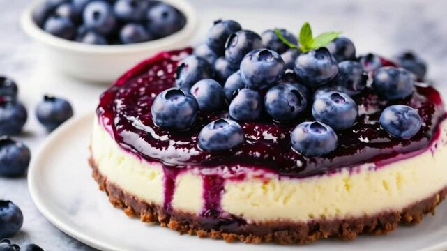 Blueberry cheesecake with fresh blueberries.