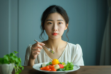 .Asian woman eating salad