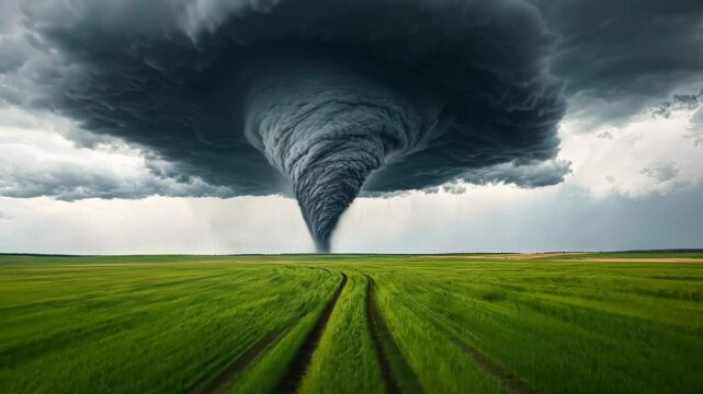 A massive tornado swirls above a green field, illustrating extreme weather and natural disaster themes