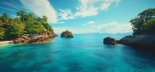 Fototapeta premium Lush tropical island with clear blue water, rocky shores, and a sunny sky.