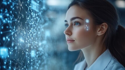 Focused woman analyzing futuristic glowing digital data in a high-tech environment. Scientific research, technology innovation, data science, artificial intelligence, and modern computing development.