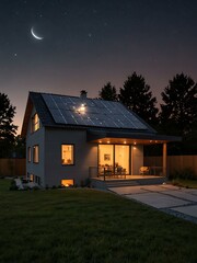 Modern solar home at nightfall.