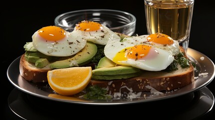 A toast topped with avocado, fried eggs, and a sprinkle of herbs on a metallic plate