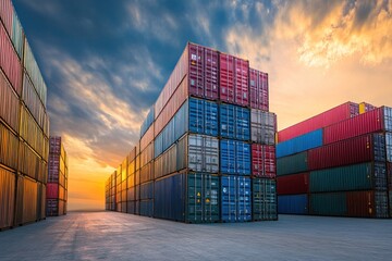 Fototapeta premium An industrial shipping container yard, with containers being sorted and stored, emphasizing the flow of goods through global sea freight logistics and container transport