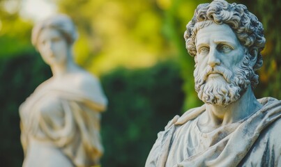 Obraz premium Two marble statues in garden setting.