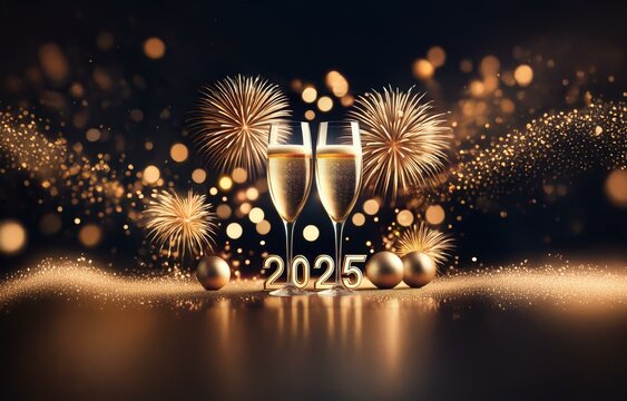 Two champagne flutes with golden fireworks and sparkling glitter on a black background.