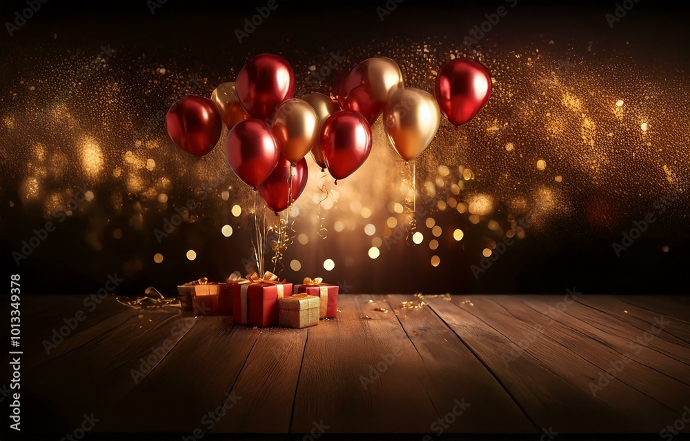 Poster red and gold balloons float above wrapped gifts on a wooden table with a sparkling background.