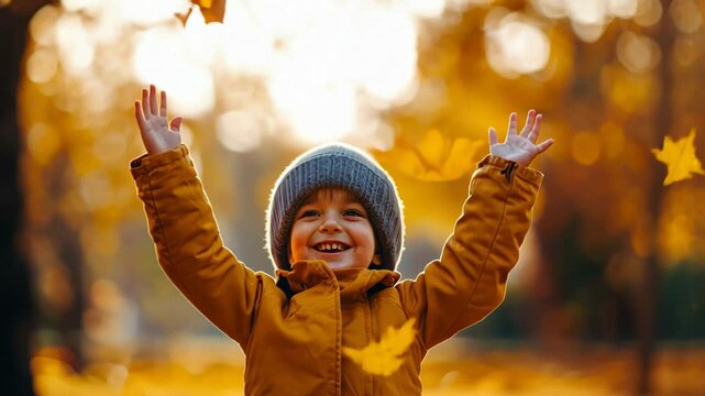 A joyful Caucasian boy throws autumn leaves in the air, celebrating the fall season and Thanksgiving