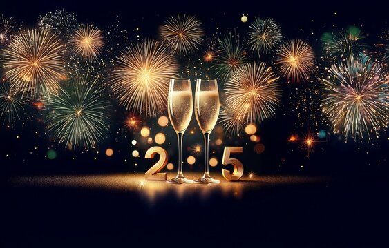 Two champagne flutes with golden liquid sit in front of the number 2025 on a black background with fireworks bursting in the sky.