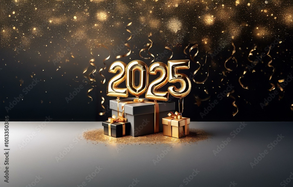Poster gold balloon numbers 2025 hover above two gift boxes with golden ribbon on a black background with g