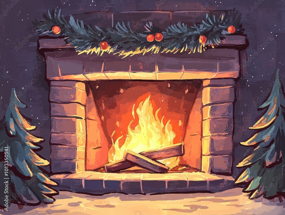 Wall mural cozy fireplace with burning logs and greenery