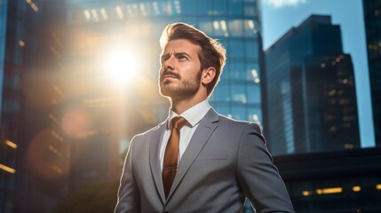 Businessman gazing upwards at skyscrapers with sunlight reflecting off glass facades