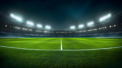 Fototapeta premium An empty stadium showcasing a well-maintained, lush green playing field under bright lights, ready for a night game